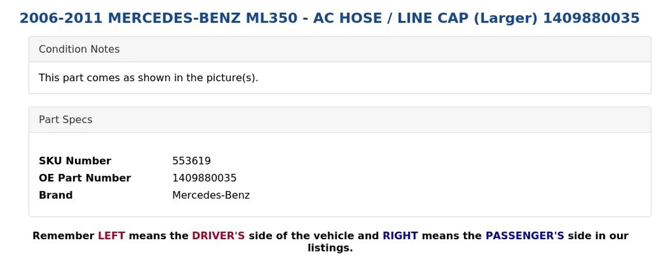 MERCEDES-BENZ ML350 2006-2011 - MANGUERA DE AIRE ACONDICIONADO / TAPA DE LÍNEA (más grande) 140980035 Foto 4 de 4