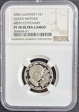 1/0 TOP POP - 2000 Guernsey Silver £1 Queen Mother Proof NGC PF 70