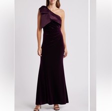 NEW Eliza J Velvet One Shoulder Bow Gown Maxi Dress Aubergine Burgundy size 12