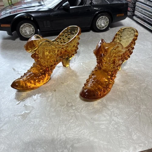 Pair-Vintage Fenton Glass Amberina Orange Hobnail Cat Head High Heel Shoe