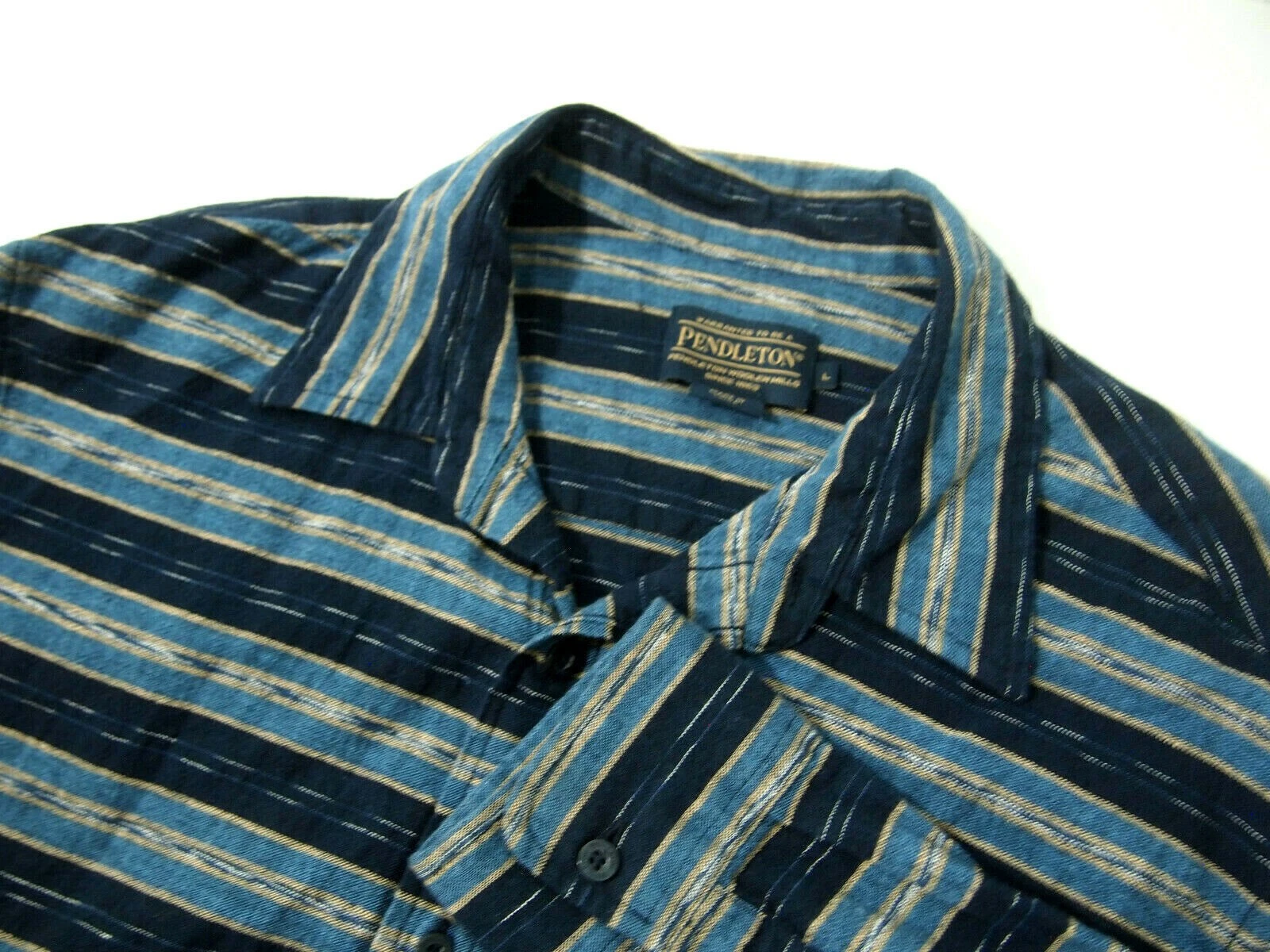Pendleton Mens Shirt L Linen Long Sleeve Kay Street Teal Blue Thomas Striped