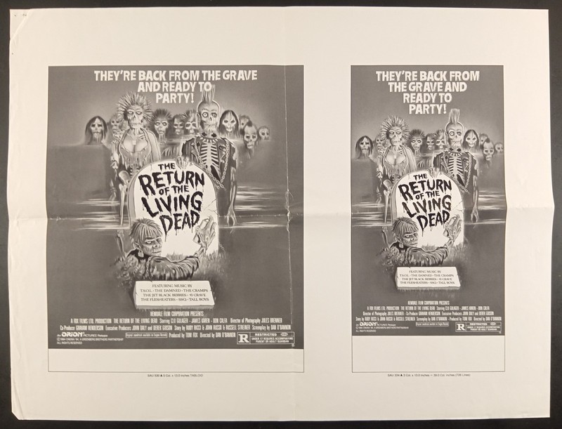 RETURN OF THE LIVING DEAD ADVERTISING FLATS FOR NEWSPAPER ADS