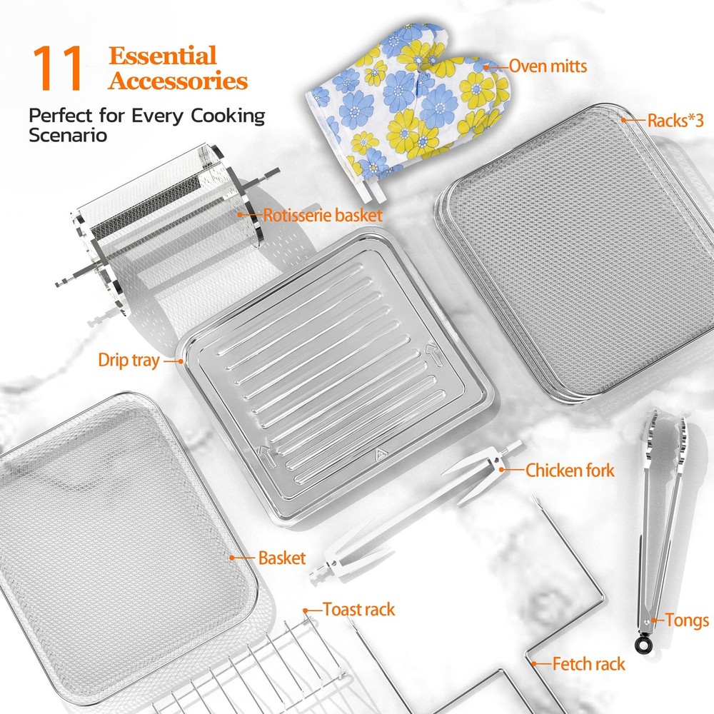 20QT Air Fryer Toaster Oven with Rotisserie and 10-in-1 Functions Including Dehydrator