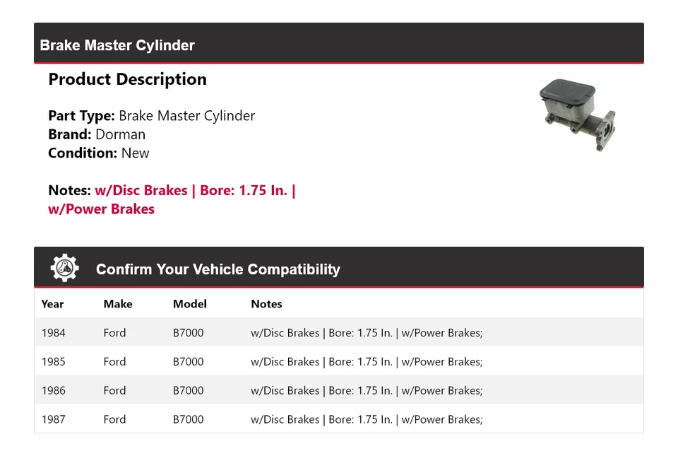 Cilindro maestro de freno para Ford B7000 Dorman 1984-1987 1985 1986 Foto 2 de 4