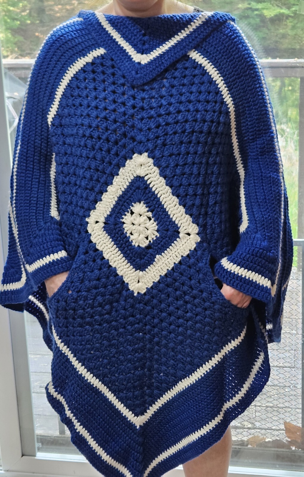 Vintage Crocheted Triangular Pullover Poncho Blue… - image 1