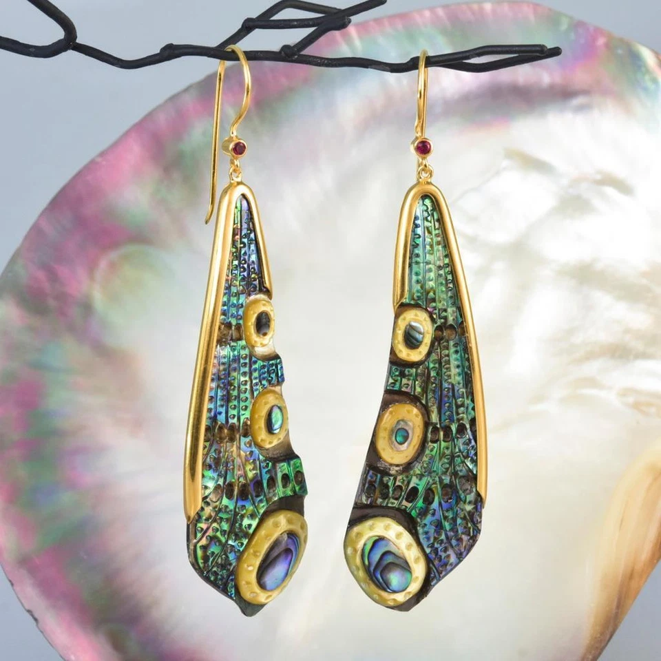 Pendientes Ala Libélula Abulón Talla Oro Vermeil Plata Esterlina Rubí 10.97g Foto 2 de 4