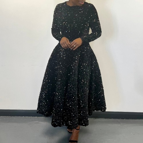 waist mid-length dress dress New women's round neck long sleeve sequin high - Picture 2 of 19