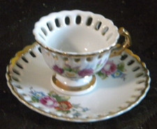 Miniature Cup  Saucer Unmarked Gold Trim Floral Design Preowned