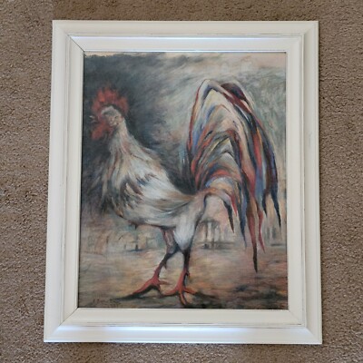 Vintage Rooster Painting by Ethel Burnham 16x20 Framed 1985 Folk Art Americana