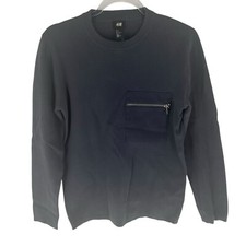H M Sweater Men S Dark Gray Pullover Crewneck Zip Pocket Cotton NEW