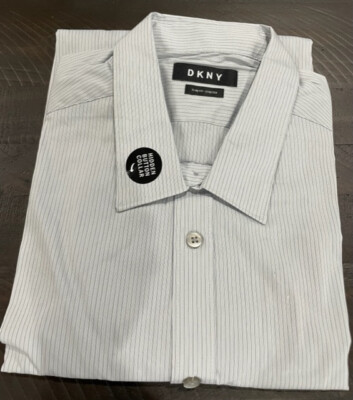 DKNY MEN'S SLIM FIT STRETCH HIDDEN BUTTON COLLAR SHIRT(GRAY, 16