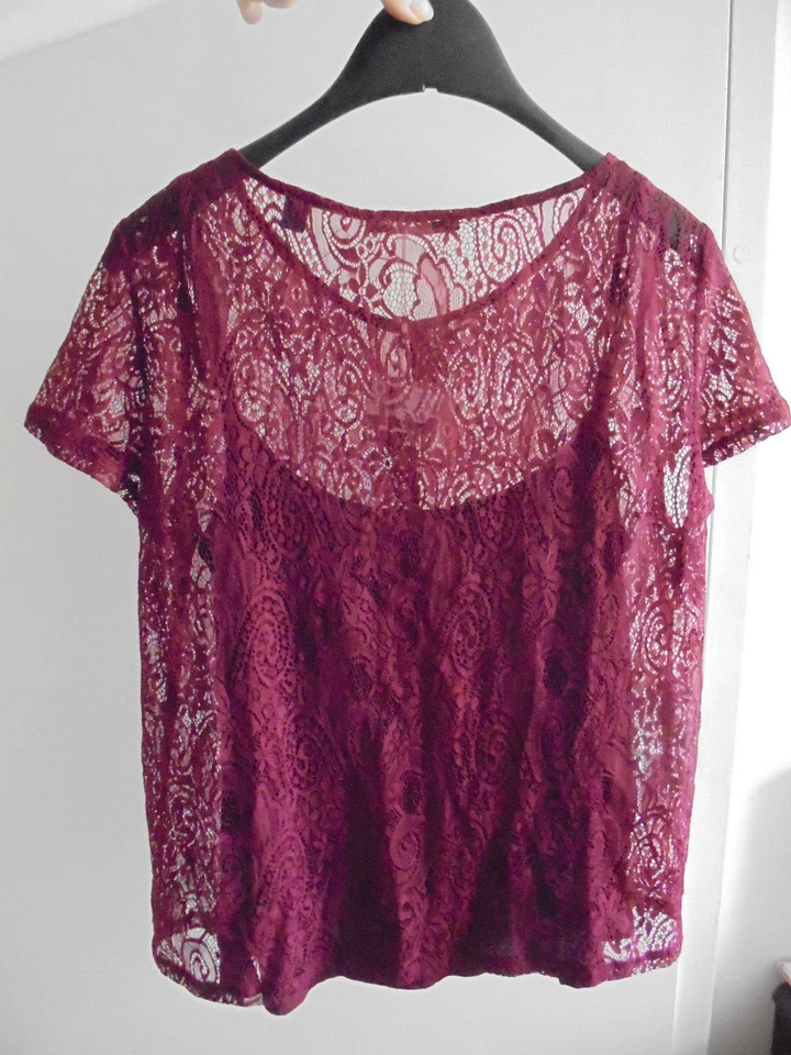 ESPRIT Top haut T-shirt dentelle bordeaux doublé T 38/40 neuf avec étiquette - Photo 3/4