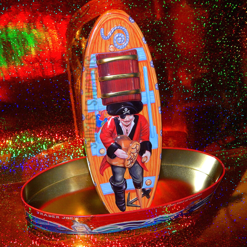 TRADER JOE'S PIRATE COOKIE TIN W/ 3D LID boatload of cookies empty