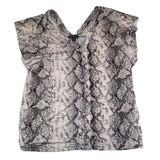 Snakeskin Top Stretch Medium Cream Pink Animal Cap Flutter V-Neck Rayon Tribal M