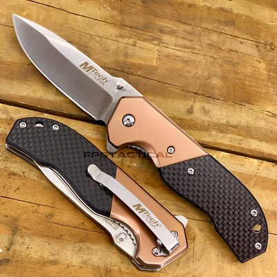 MTech USA Ball Bearing Silver Copper Manual Folding Pocket Knife w Carbon Fiber