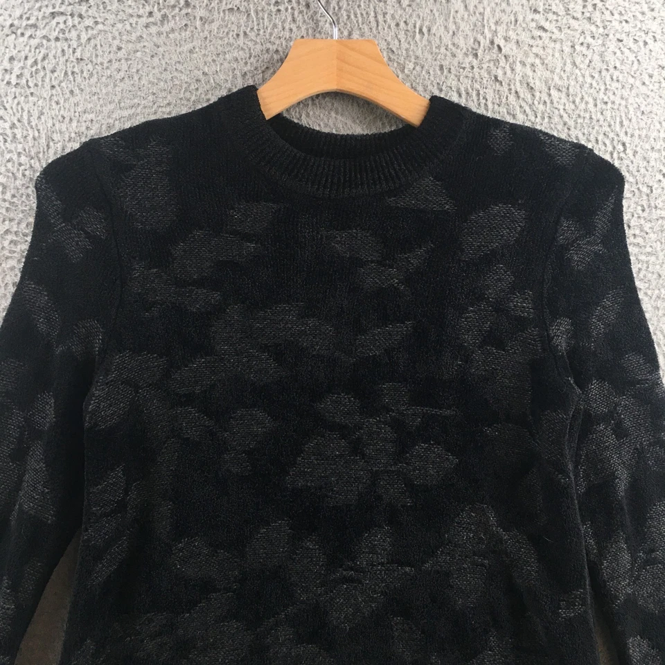 J.Jill 套衫毛衣女式 M 黑色棉混纺长袖花卉圆领 — 第 2/4 张图片