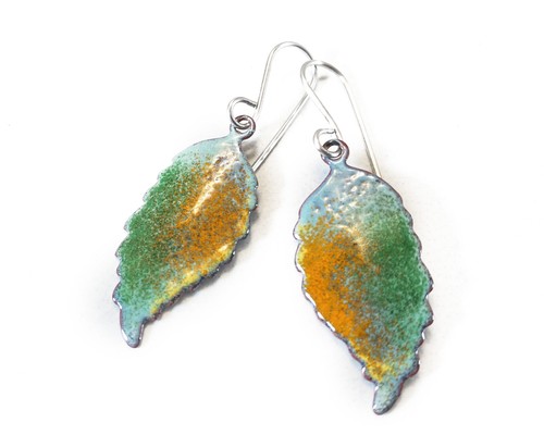 Enamel Leaf Earrings Colorful Fall Leaf enameled copper Handmade USA - Picture 5 of 5