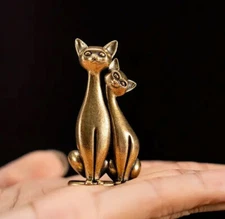 Brass Couple Lover Cat Figurine Small Animal Statue Table Home Decoration Toy