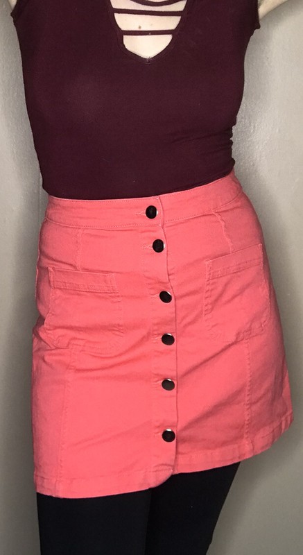 H&M Divided 6 Red Cotton Stretch Denim Button Down Pockets A-line Jean Skirt
