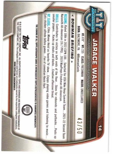 Jarace Walker 22/23 Bowman Chrome U University GOLD Refractor AUTO RC / 50 - Bild 2 von 2
