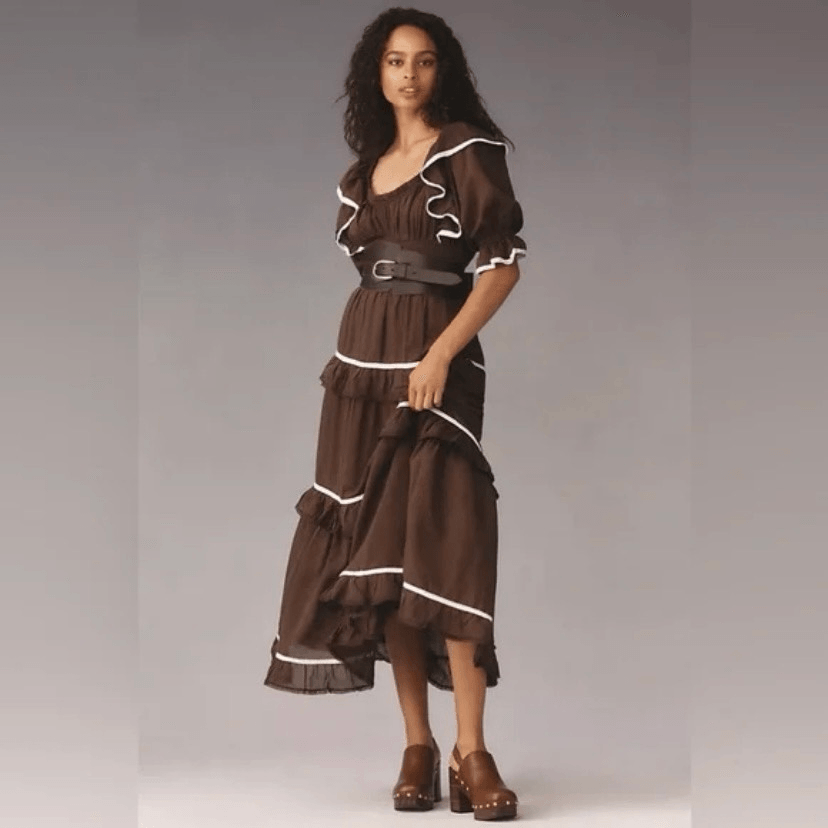 brown anthropologie dress Lagenlook Tiered Puff Sleeve Ruffle Maxi NWT Size Large SIZE:Ted Size 3 (UK 12/US 8) Sleeve Dress by Mare Medieval Custom Black/Off White size-3XL