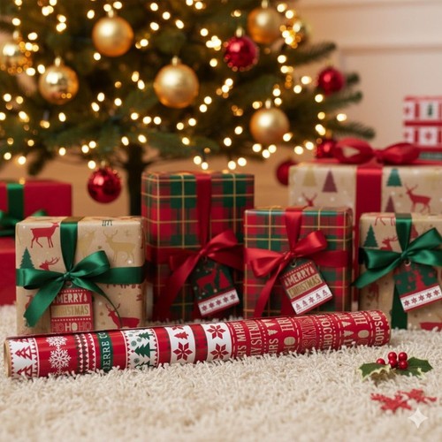 4 rouleaux de papier d'emballage de Noël 7M tartan kraft emballage cadeau et 32 étiquettes assorties - Photo 9/12