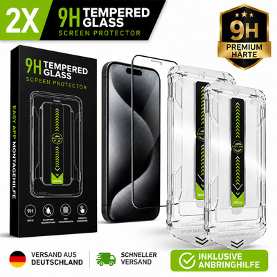 2x Panzerfolie iPhone 14 15  16 Pro - 9H gehärtet mit Anbringhilfe  (2er Set)
