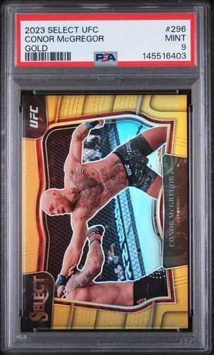 2023 Panini Select UFC #296 Connor McGregor Gold Prizm /10 PSA 9 Octagonside