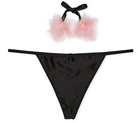 NWT VICTORIA SECRET DREAM ANGELS SATIN POM POM V-STRING THONG PANTY XL BLACK