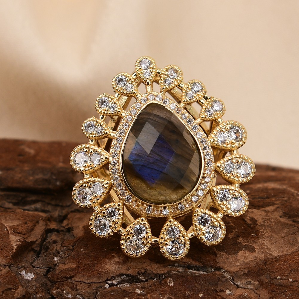 Anillos pavimentados de circón transparente de labradorita de piedra natural galvanizados ajustables