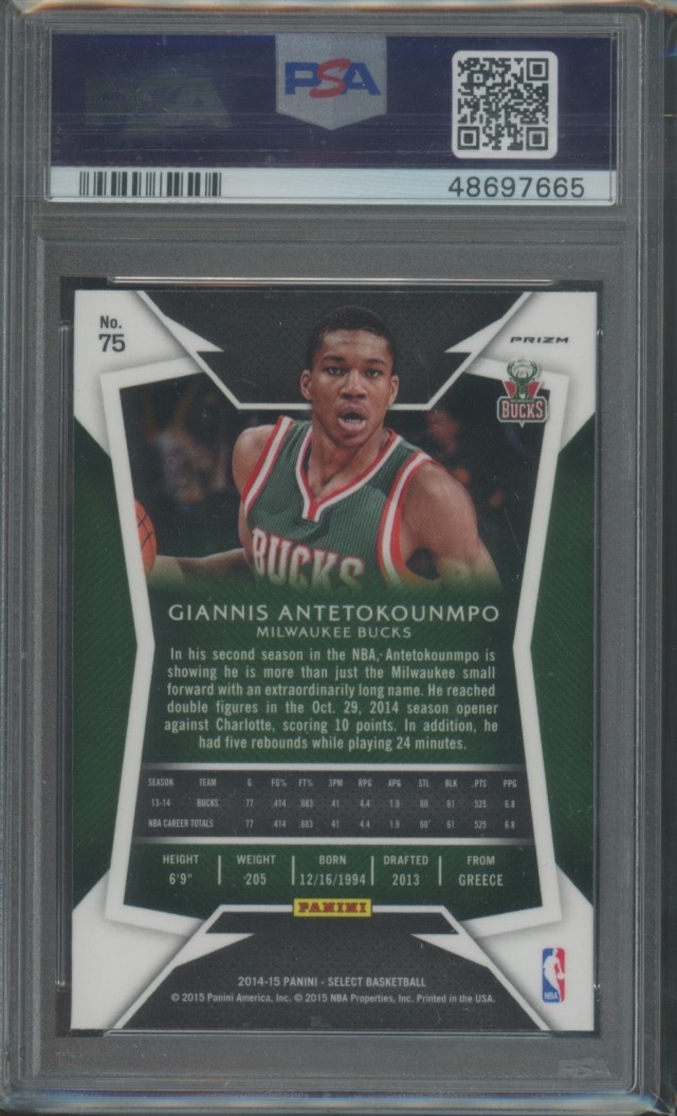 2014-15 Panini Select Basketball Giannis Antetokounmpo #75 Silver PSA 10 view 2