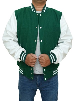 New Letterman Baseball League Bomber Green Wool & White Leather Sleeves Varsity