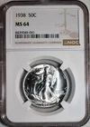 NGC MS-64 1938-P Walking Liberty Half Dollar Cartwheeling, Blast-White specimen.