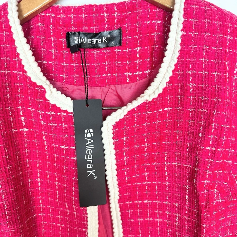 Lo último Blazer Rosa a Cuadros Tweed Manga Larga Frente Abierto Talla S Trabajo Oficina Chaqueta Corta Foto 2 de 4