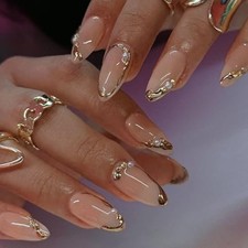 French Tip Press On Nails Almond   Medium Fake Nails with Gold Line Design 24Pcs