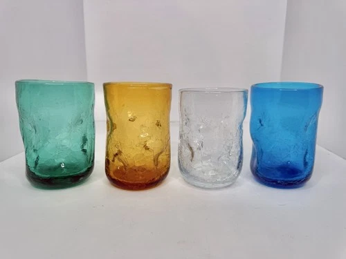 Vintage MCM Set of 4 Blenko 4.5” Pinched Crackle Glass Multicolored Tumblers