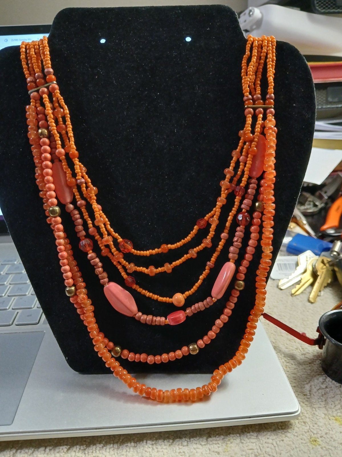 A Multistrand Orange Seed Bead Boho Statement Necklace