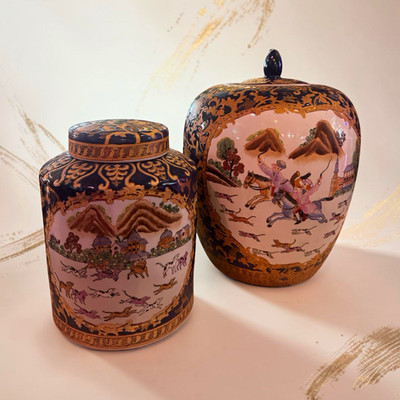 Pair Chinese Famille Rose Fox Hunt Ginger Jars Cobalt Blue Gilt Qianlong Mark