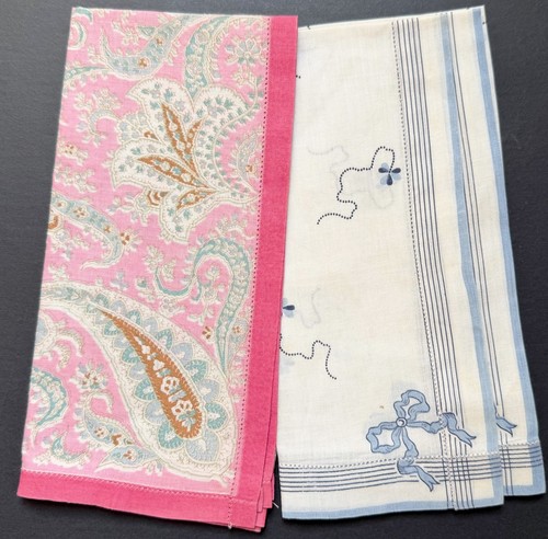 2 Antique Handkerchiefs_1910s Hankies_Edwardian_Arts & Crafts_VTG_Pink_Crm_BOWS