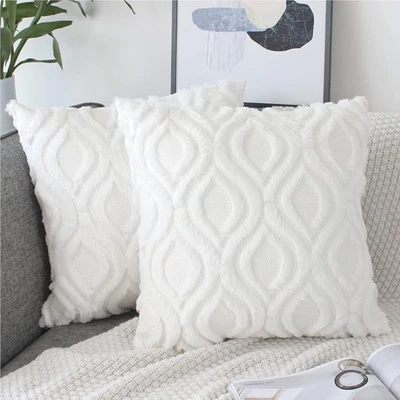 2er Set Plüsch Wolle Kissenhüllen 45x45 cm Modern Weiß Flauschig Sofa - Bild 1 von 4