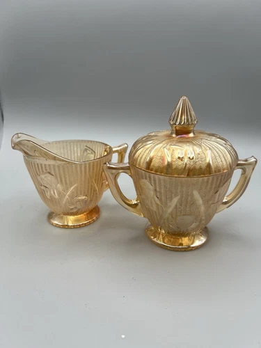 Jeanette Glass Iridescent IRIS & HERRINGBONE Marigold Cream And Sugar Set