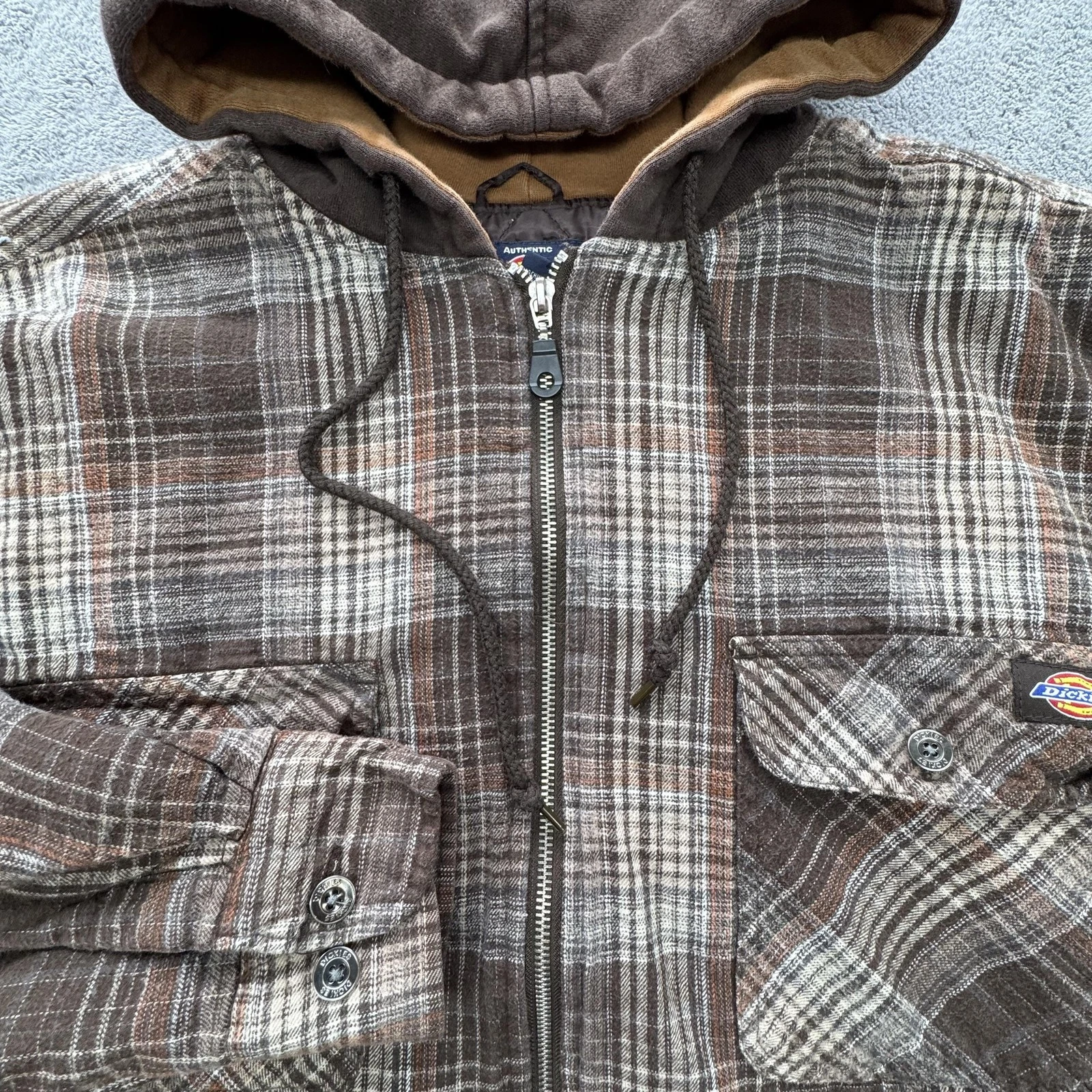 Dickies Jacket Mens XL Brown Quilted Hooded Lined Insulated Plaid Flannel