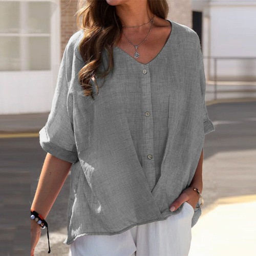 US Women's Cotton Linen Casual Blouse Baggy Ladies T-Shirt Top Summer Tunic Plus - Picture 16 of 18
