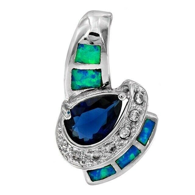 1CT Treated Blue Sapphire & Australian Opal Inlay 925 Sterling Silver Pendant