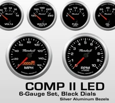 Marshall 6 Gauge Set Sport Comp 2 LED Electric Speedo Black Dial & Silver Bezel