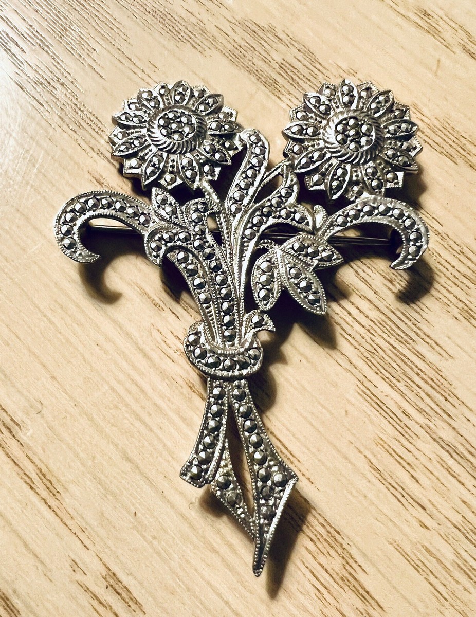 Vintage Sterling Silver Marcasite Brooch Sunflower Bouquet  display picture 3