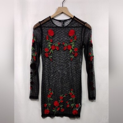 Forever 21 Floral Dress Women's S Black Red Artsy Boho Cottagecore Romantic