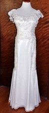 White 2 Be Bride Beaded Satin  Applique Lace Cap Sleeve Wedding Bridal Gown