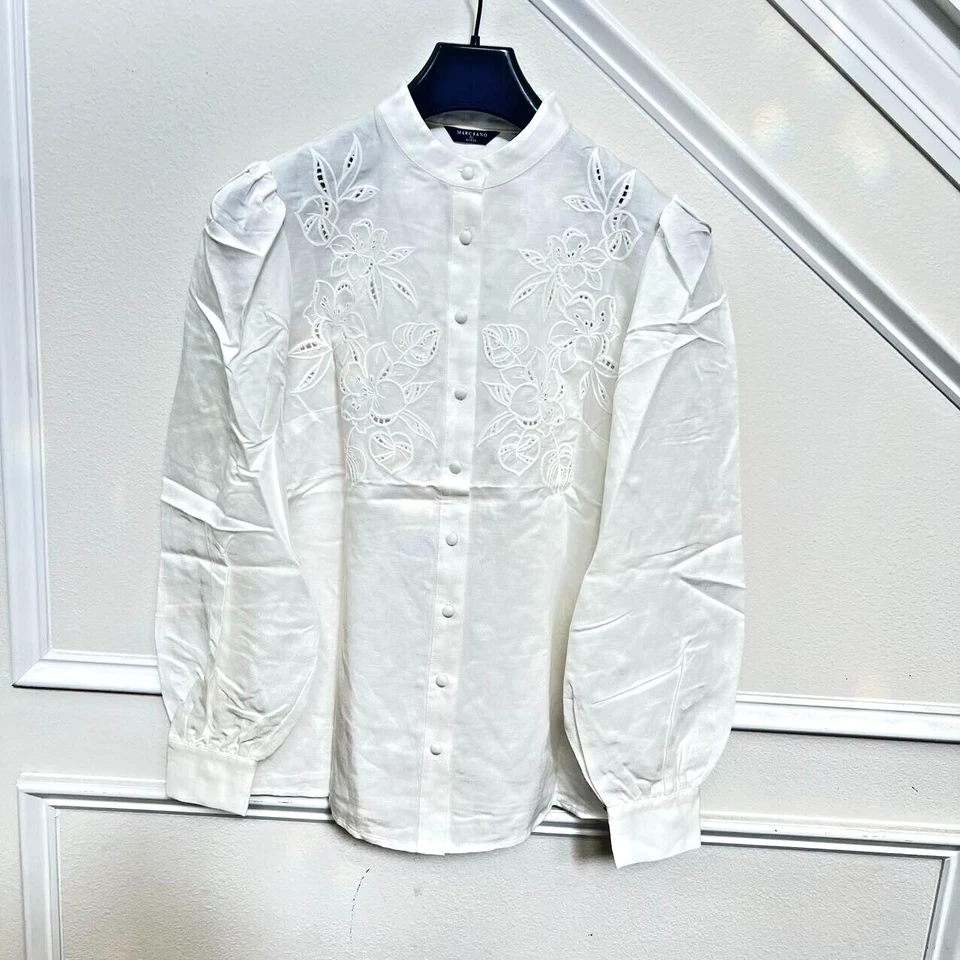Новый без ценников Marciano Guess вышитая льняная смесь рубашка Puff рукав кремовый XXS как S-M - Изображение 3 из 4