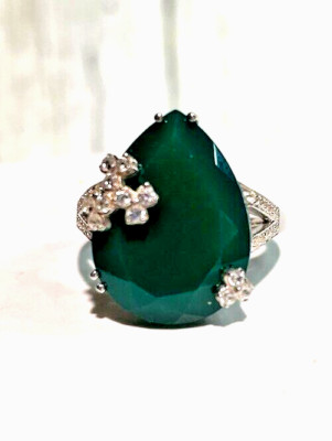 VERDE ONYX RING NATÜRLICHER WEISSER ZIRKON GRÖSSE 10 - PLATIN ÜBER STERLINGSILBER